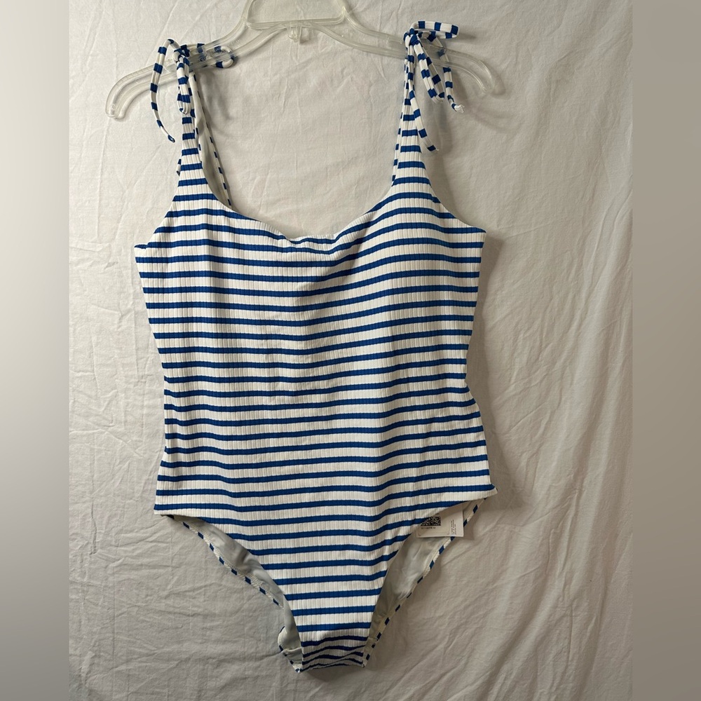 & Other Stories Blue White Striped One-Piece Swimsuit NWT Ribbed Tie Shoulder